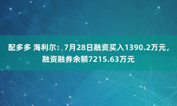 配多多 海利尔：7月28日融资买入1390.2万元，融资融券余额7215.63万元